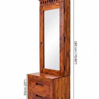 Wooden dressing table with tall mirror, two drawers and rich brown wood finish