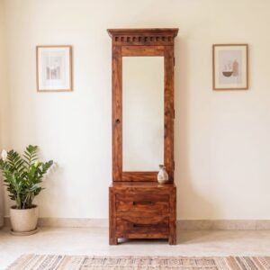 Wooden dressing table with tall mirror, two drawers and rich brown wood finish