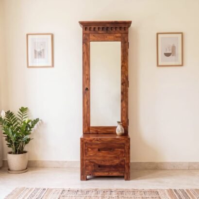 Wooden dressing table with tall mirror, two drawers and rich brown wood finish
