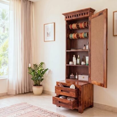 Wooden dressing table with tall mirror, two drawers and rich brown wood finish
