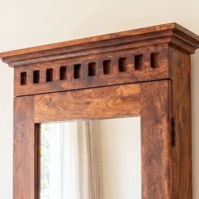 Wooden dressing table with tall mirror, two drawers and rich brown wood finish