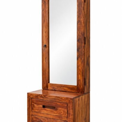 Wooden dressing table with tall mirror, two drawers and rich brown wood finish