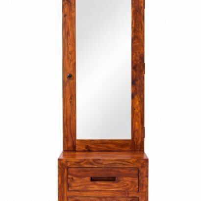 Wooden dressing table with tall mirror, two drawers and rich brown wood finish