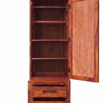 Wooden dressing table with tall mirror, two drawers and rich brown wood finish