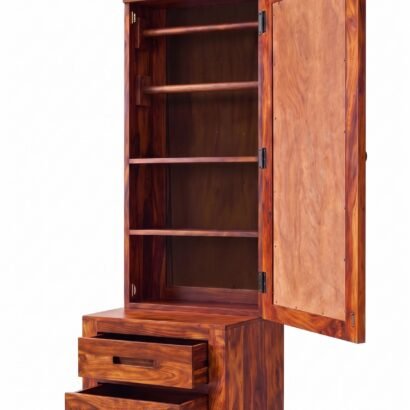 Wooden dressing table with tall mirror, two drawers and rich brown wood finish