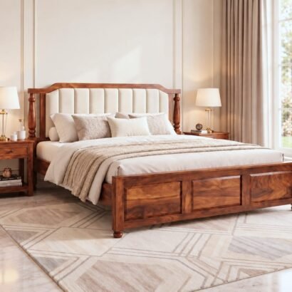 Solid Wood Upholstered Bed with Cushioned Headboard