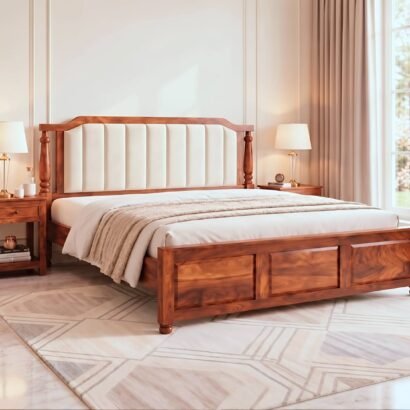 Solid Wood Upholstered Bed with Cushioned Headboard