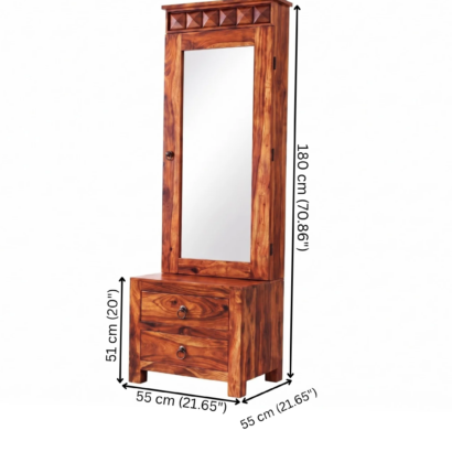 Traditional solid sheesham wood dressing table with full length mirror cabinet, carved diamond crown, and 2 bottom drawers in natural honey finish, placed in a well-lit bedroom