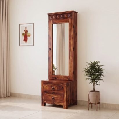 Traditional solid sheesham wood dressing table with full length mirror cabinet, carved diamond crown, and 2 bottom drawers in natural honey finish, placed in a well-lit bedroom