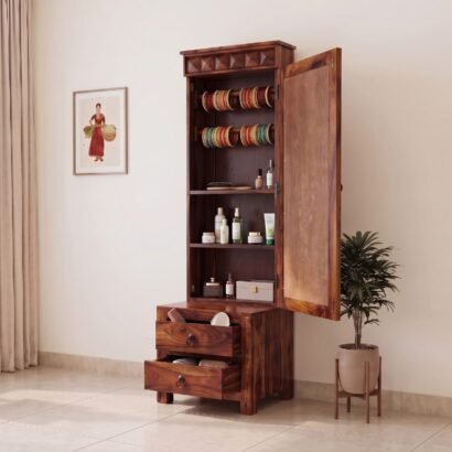 Traditional solid sheesham wood dressing table with full length mirror cabinet, carved diamond crown, and 2 bottom drawers in natural honey finish, placed in a well-lit bedroom