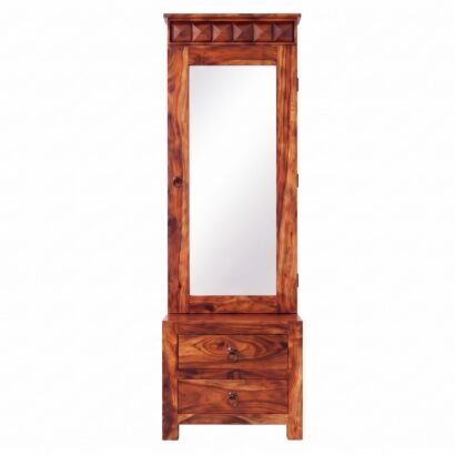Traditional solid sheesham wood dressing table with full length mirror cabinet, carved diamond crown, and 2 bottom drawers in natural honey finish, placed in a well-lit bedroom