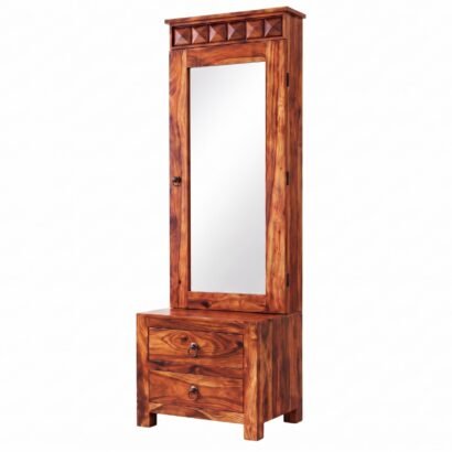 Traditional solid sheesham wood dressing table with full length mirror cabinet, carved diamond crown, and 2 bottom drawers in natural honey finish, placed in a well-lit bedroom