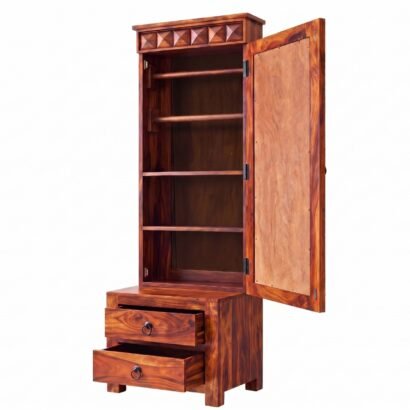Traditional solid sheesham wood dressing table with full length mirror cabinet, carved diamond crown, and 2 bottom drawers in natural honey finish, placed in a well-lit bedroom