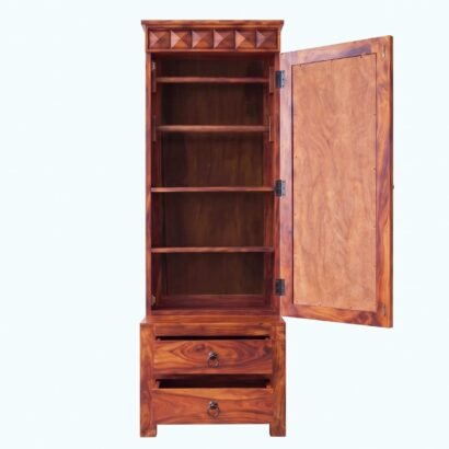 Traditional solid sheesham wood dressing table with full length mirror cabinet, carved diamond crown, and 2 bottom drawers in natural honey finish, placed in a well-lit bedroom